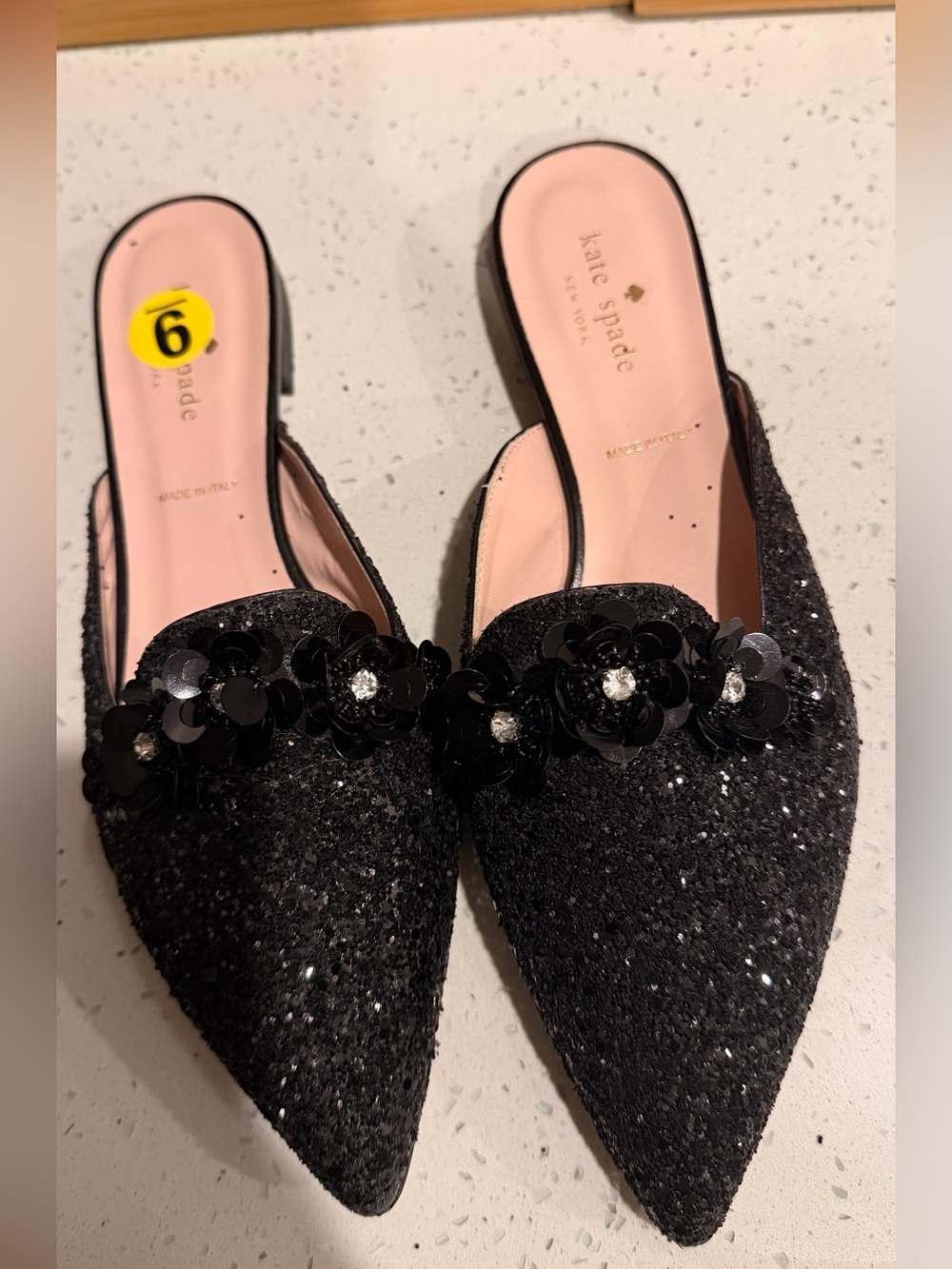 kate spade Black Glitter Pointed Slip-On Mules with Floral Sequin Appliqué